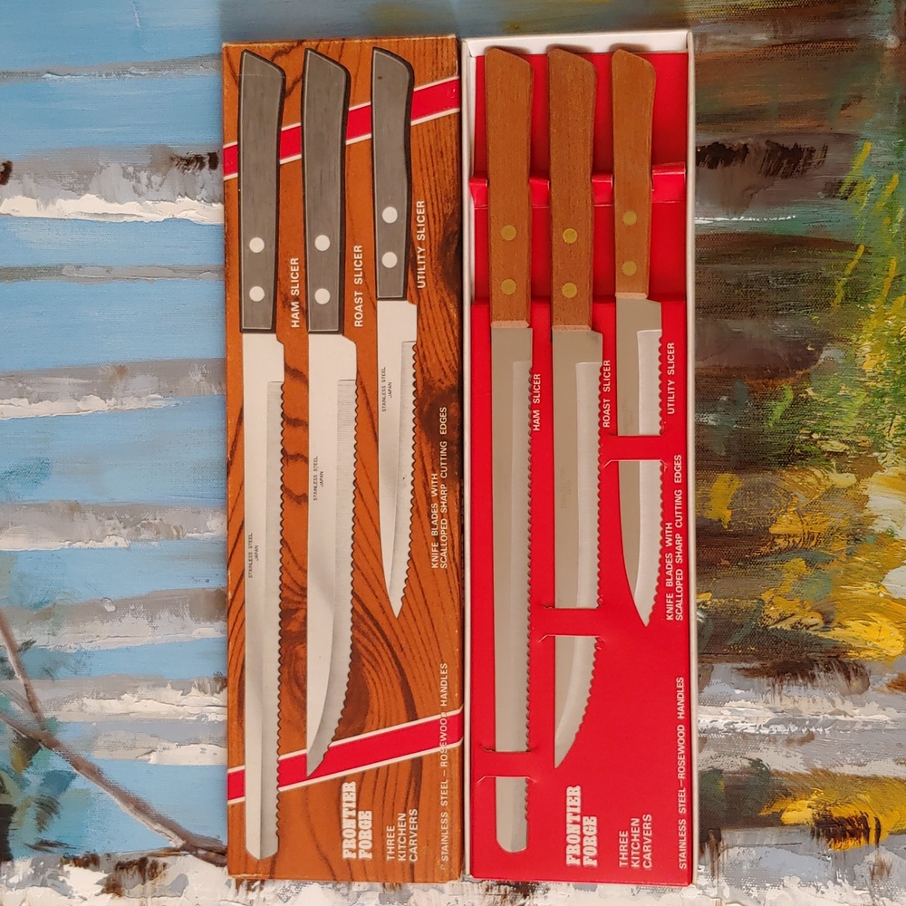 Vtg Japan Made Carving Knife Set, Rose Wood Handle